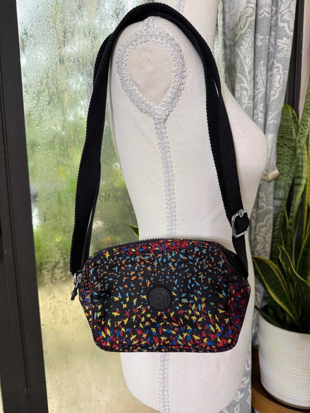 Kipling Multicolor Confetti Nylon Organizer Crossbody Bag Rainbow Black